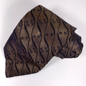 VTG Hubert Milano Mens Tie Brown w Black Swirl Design & Silver Accent Poly Blend